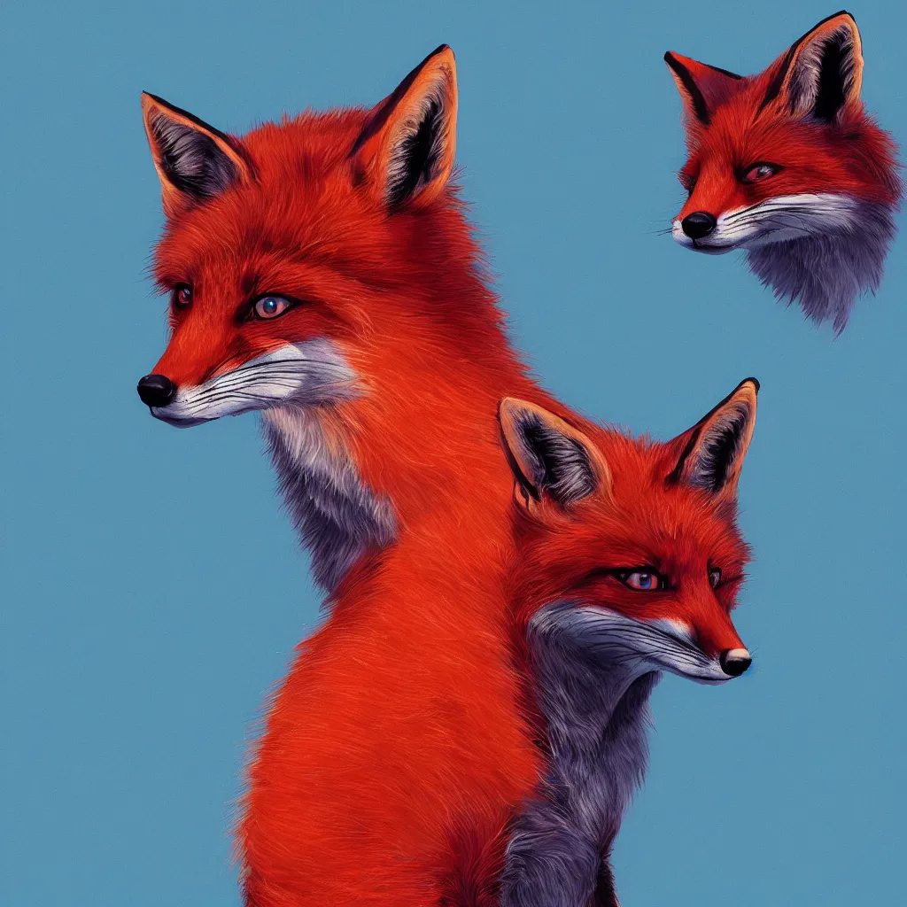 Image similar to a close-up profile shot of a red fox in a blue hoodie typing in a notebook computer, white background, concept art, synthwave style, digital art picture, highly detailed, artstation, badge