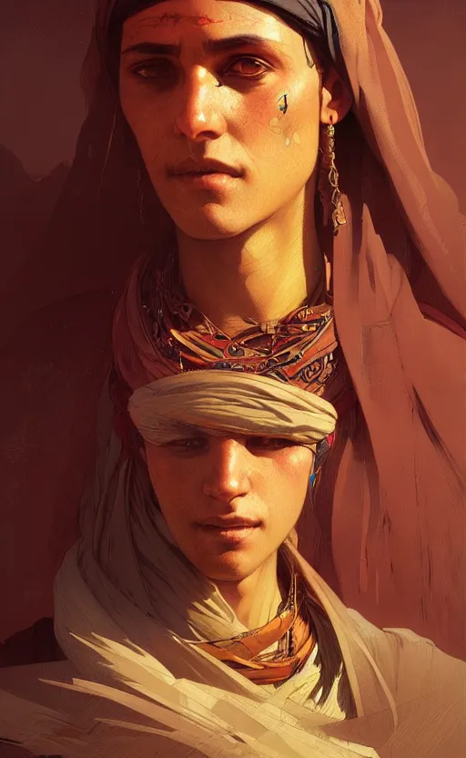 Image similar to a portrait of a bedouin, concept art, deep focus, intricate, highly detailed, digital painting, artstation, matte, sharp focus, illustration, art by greg rutkowski and alphonse mucha