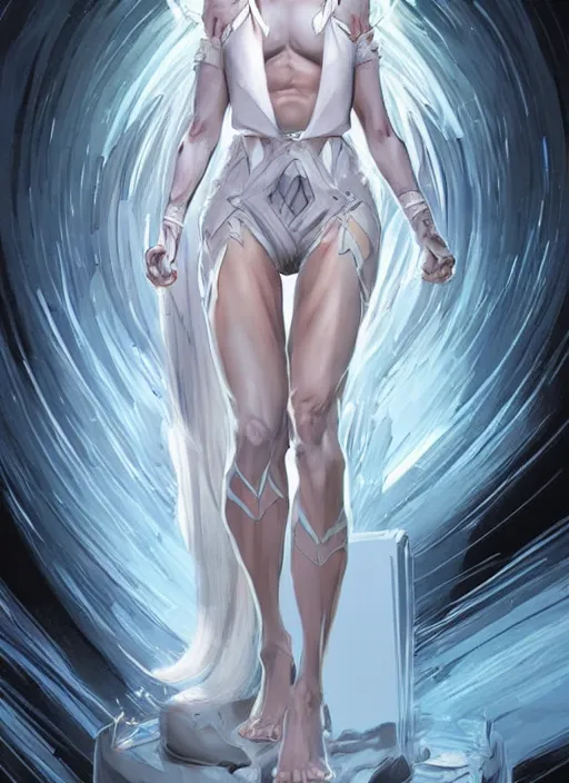 Image similar to comic art, a gorgeous beautiful female with white hair long legs standing at a dimensional gateway,full character design,8k,art by Stanley Artgermm,Travis Charest,trending on Artstation,face enhance,hyper detailed,full of colour,cinematic,dynamic lighting