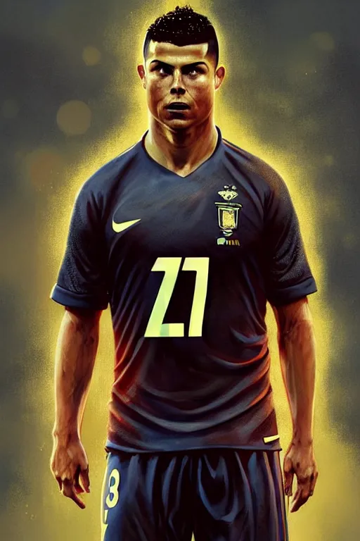 Image similar to ronaldo luis nazario da lima, football player, against the background of dawn, highly detailed, digital painting, artstation, concept art, smooth, sharp focus, illustration, art by artgerm and greg rutkowski and alphonse mucha