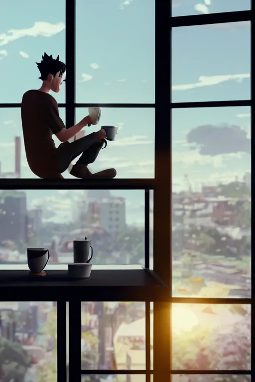 Prompt: a man sitting on a café table mext to a window and holding a cup of coffee at sunset, anime style, Pixar style, black hair, 4K, cartoon, concept art, octane render, unreal engine 5, path tracing, complementary colours, serene scene, warm, cute, natural lighting, high quality, highly detailed, high coherence, defined face, five fingers, anatomically correct, soft lighting, close view