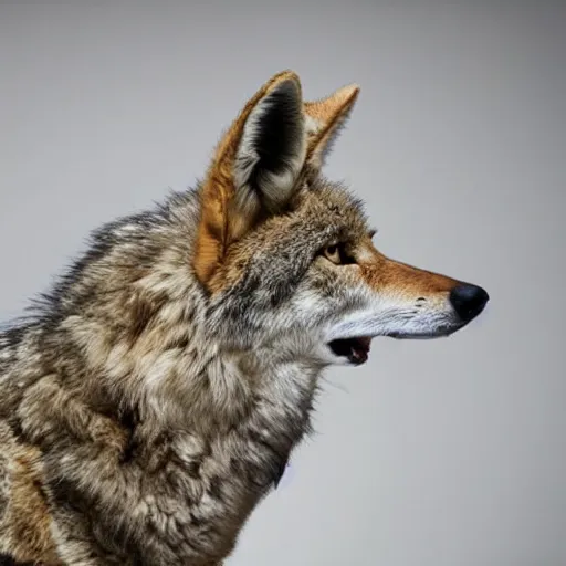 Prompt: (man) with a coyote head and furry body standing in a plain white room studio photo