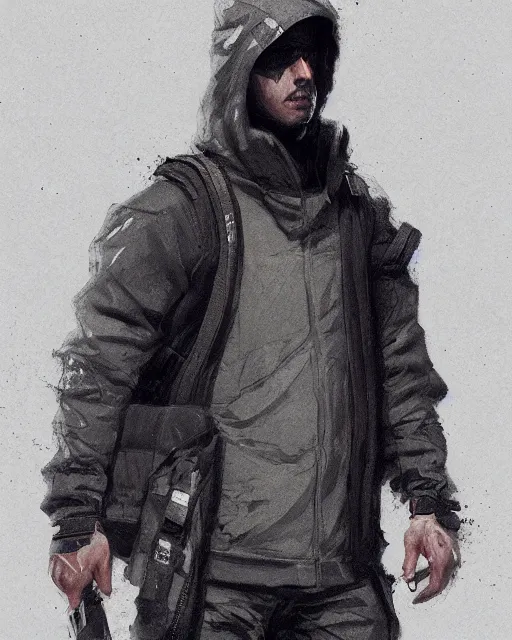 Image similar to Medium shot of a character wearing techwear in the style of greg rutkowski