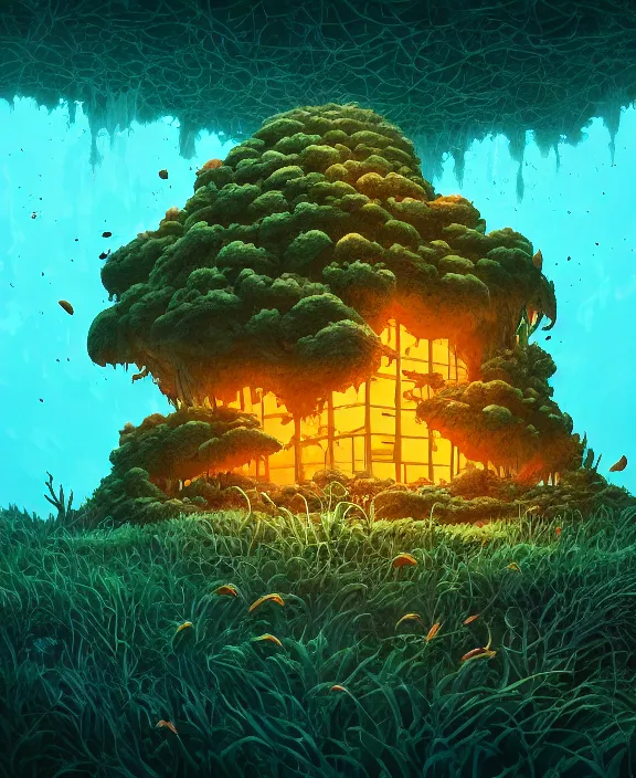 Prompt: minimalist building made from exotic fungus, overgrown with huge rare fungus, by dan mumford, yusuke murata, makoto shinkai, ross tran, underwater, hellish, cinematic, unreal engine, cel shaded, featured on artstation, pixiv