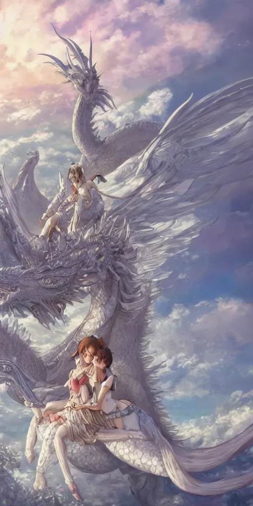 Prompt: the beautiful hyper detailed scene render that a beautiful princess sitting on the back of a huge silver white dragon alone in fairyland surrounded by white clouds, finely detailed angelic face delicate features, style of studio ghibli, makoto shinkai, raphael lacoste, louis comfort tiffany, james jean, ross tran, animation style, hd, ultra wide angle