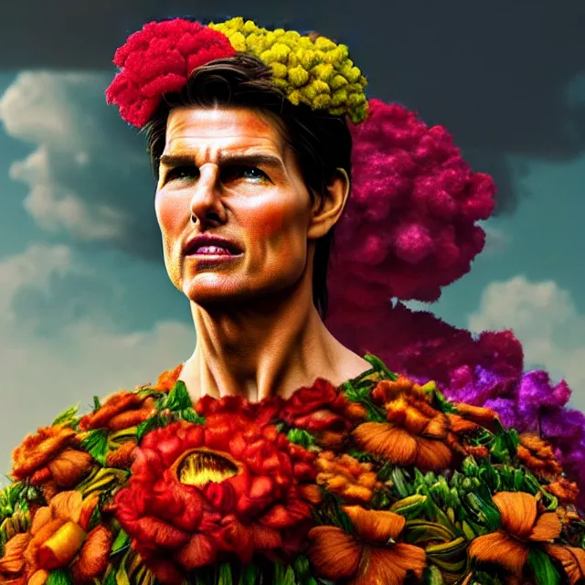 Image similar to bizarre surreal renaissance portrait of tom cruise with a a flower afro made out of various flowers, dramatic cinematic lighting, bold colors, 8 k, beautiful intricate painting, hyper realistic, octane render