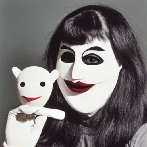 Image similar to 1976 woman wearing a smiley mask with long prosthetic snout nose and nostril, soft color wearing a leotard 1976 holding a hand puppet color film 16mm Almodovar John Waters Russ Meyer Doris Wishman old photo