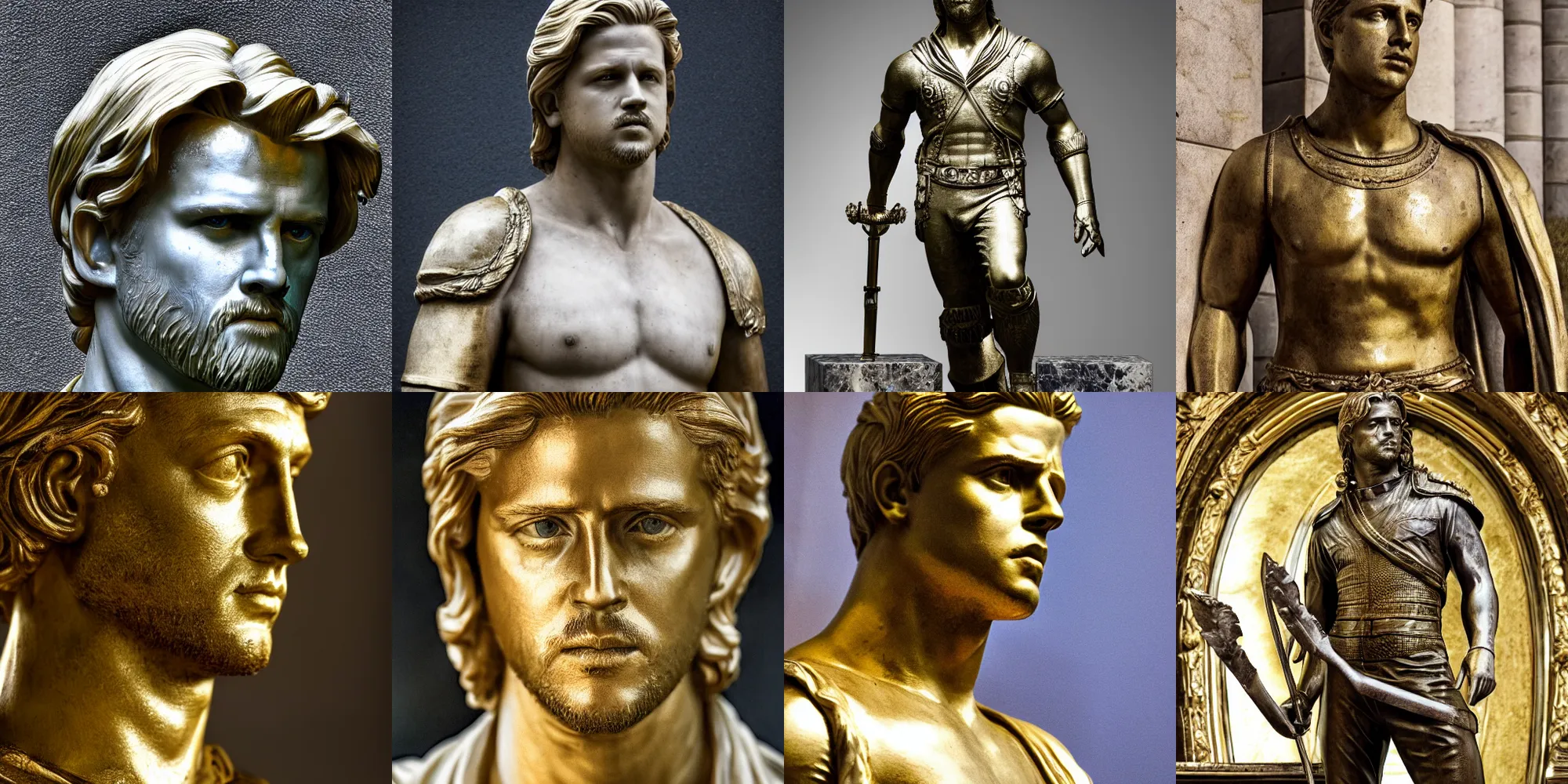 Prompt: marble statue portrait of bradley pitt in shining golden armor, high production value, intricate details, high resolution, hdr, high definition, masterpiece, realistic, ultrarealistic, highly detailed, hd, sharp focus, non blurry, sharp, smooth