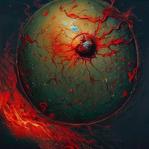 Image similar to a sphere being covered by extremely detailed splatters of abstract paint, engulfed in flames in the style of, pascal blanche, surreal, beksinski, high detailed