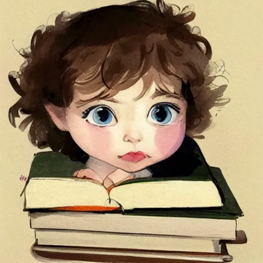 Image similar to a cute little girl with a round cherubic face, blue eyes, and short curly light brown hair sitting on top of a stack of books. beautiful 2 d cartoon painting with highly detailed face by quentin blake and greg rutkowski