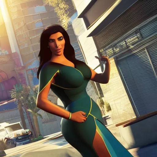 Image similar to kim kardashian as princess jasmine in GTA 5 full Hd octane render 8k