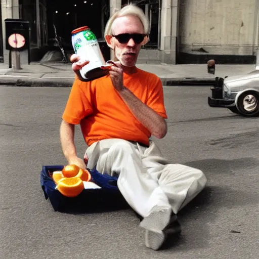 Prompt: hugh hopper on a street corner eating an orange fruit and drinking a pepsi