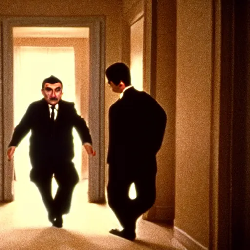 Prompt: mr bean in the shining, movie still, cinematography, cinematic lighting