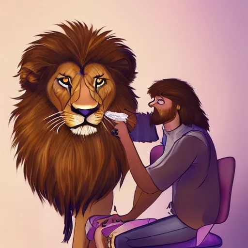 Prompt: A nervous lion getting a haircut, artstation, digital 2d,