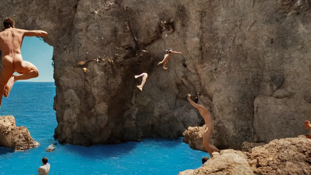 Image similar to a man cliff jumping into waters that are actually a portal to another dimension, film still from the movie directed by Wes Anderson and Jacques Tati with art direction by Salvador Dalí, wide lens