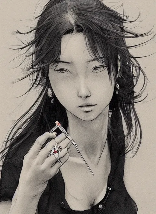 Image similar to portrait of a beautiful girl smoking a cigarette, by takehiko inoue and kim jung gi and hiroya oku, masterpiece illustration, ultrarealistic!!!!!!!!!, perfect face and anatomy, golden ratio