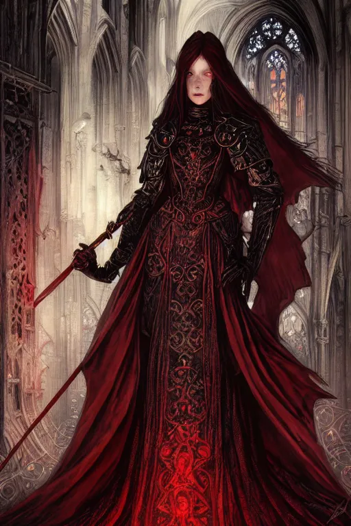 Image similar to beautiful luxury and gothic and victorian and evil medieval female reddish and black color armor knight portrait+smoky eyes+light flowing hair, in ruin gothic cathedral, ultradetail face, art and illustration by tian zi and craig mullins and WLOP and alphonse mucha, fantasy, intricate complexity, human structure, fantasy world concept, watermark, blurry, hyperrealism 8k