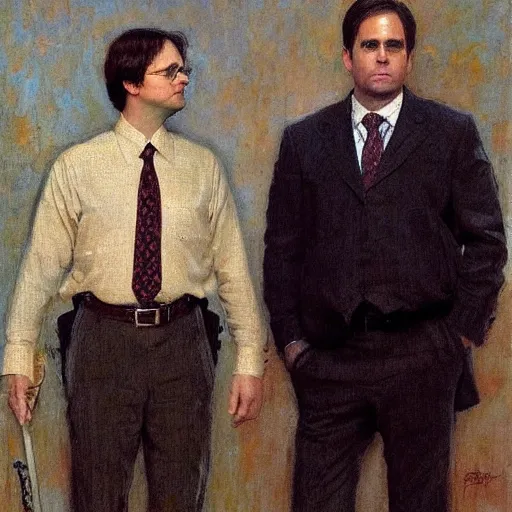 Image similar to dwight schrute and michael scott portrait by ilya repin