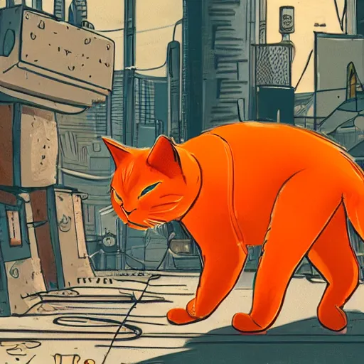 Image similar to a orange cat in a cyberpunk post apocalyptic city with robots living as humans