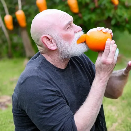 Image similar to Old bald man, with an orange beard, drinking a bottle of wine, Lonely