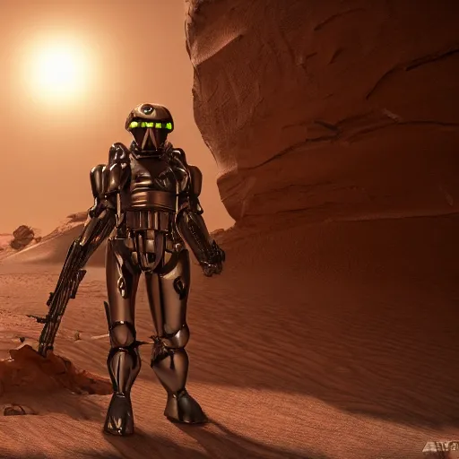 Image similar to an alien with space soldier armor and a blaster standing in a desert alone, award winning, trending on artstation, unreal engine