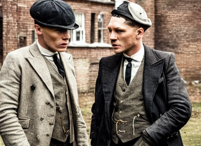 Prompt: a scene from peaky blinders, medium long shot, 3 / 4 shot, full body picture of cillian murphy and tom hardy, sharp eyes, serious expressions, detailed and symmetric faces, black and white, epic,