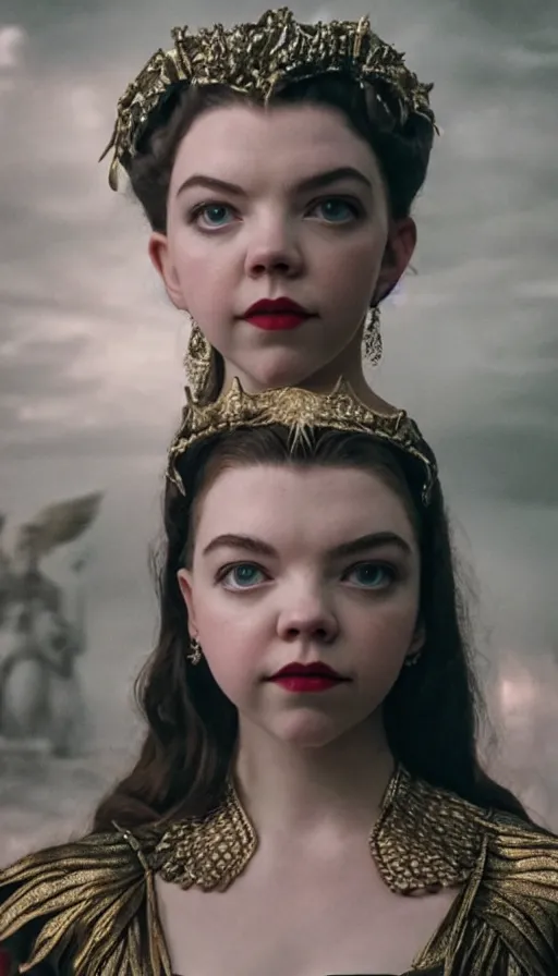 Image similar to dressed anya taylor - joy as goddess of the communism, symmetrical, cinematic, elegant, luxury, chrome, real photography, 4 k, ultra hd, sense of awe