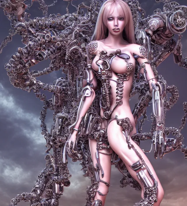 Prompt: photo 3 d rendering of a beautiful girl deity cyborg demon angel with many arms swords tentacles epic photorealistic portrait in ito junji miura kentaro frank miller alex ross escher giger sorayama buddhist biopunk cosmic horror style depth of field lens flare leica zeiss detailed trending award winning on pixiv skeb