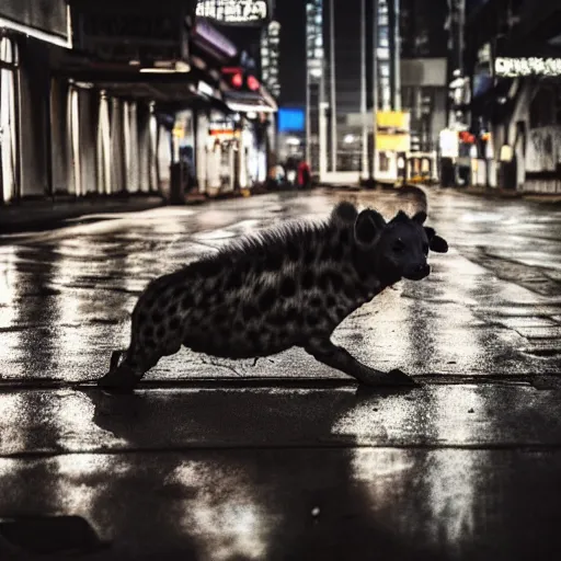 Image similar to a high quality low wide angle photo of a hyena on the streets of a cyberpunk city, rainy, reflective ground, neon lights, realism, 8k