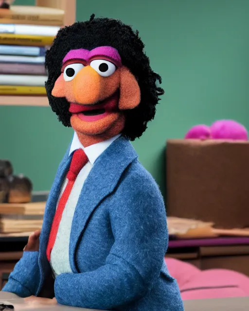 Image similar to oscar nunez as a muppet in the office. highly detailed felt. hyper real photo. 4 k.