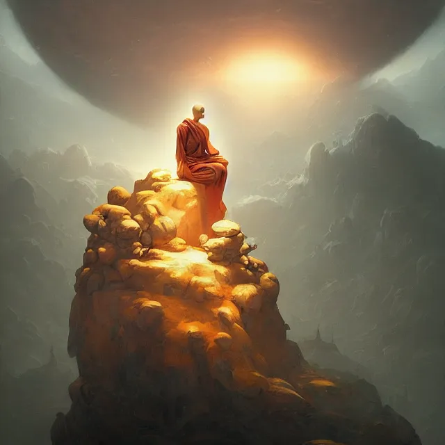 Image similar to in the style of peter mohrbacher, a glowing monk floating and meditating on a rock, dystopian landscape, intricate, masterpiece, award winning, fantasy, hyperrealism intricate