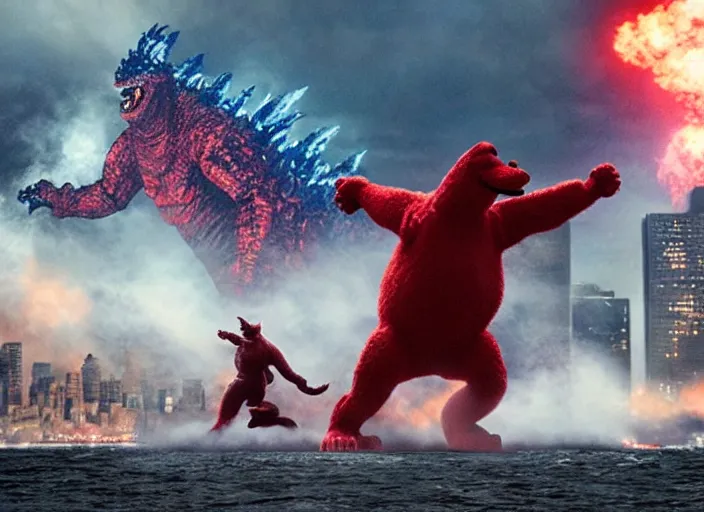 Prompt: film still of clifford the big red dog fighting in new york city in the new godzilla pacific rim crossover movie