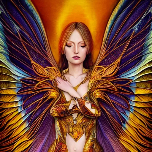 Image similar to a beautiful symmetrical woman full body wearing golden fabric with translucent colorful wings by alex gray and android jones , Karol Bak, Ayami Kojima, Amano , concept art, character design, fantasy,3D, 8k resolution