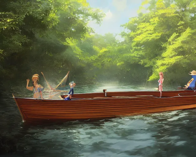 Image similar to a wooden boat with people on it in a very narrow river, trees, shady, ripples, reflections. By Makoto Shinkai, Stanley Artgerm Lau, WLOP, Rossdraws, James Jean, Andrei Riabovitchev, Marc Simonetti, krenz cushart, Sakimichan, trending on ArtStation, digital art.