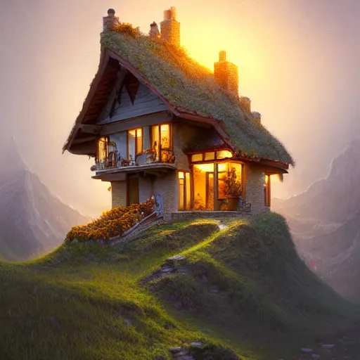 Image similar to small hillside house made of honey and milk, modern lighting, hyper - realistic, hyper - detailed, 8 k, octane rendered, art nouveau, organic, flowing, impossible torsion, writhing, dusk, lush, dynamic, in the style of ross tran and jean baptiste monge