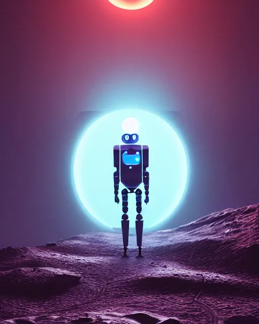 Image similar to a robot standing in front of a glowy open door that's on a barren moon, poster art by mike winkelmann, trending on cg society, space art, sci - fi, ue 5, futuristic, volumetric lighting, light casting onto the ground, neat composition and camera angle