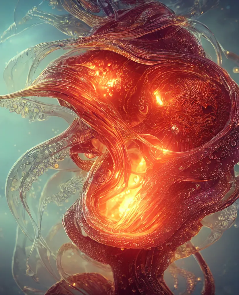 Image similar to close-up macro portrait of the face of a beautiful princess, epic angle and pose, symmetrical artwork, 3d with depth of field, blurred background, cybernetic jellyfish female face skull phoenix bird, translucent, nautilus, energy flows of water and fire. a highly detailed epic cinematic concept art CG render. made in Maya, Blender and Photoshop, octane render, excellent composition, cinematic dystopian brutalist atmosphere, dynamic dramatic cinematic lighting, aesthetic, very inspirational, arthouse. y Greg Rutkowski, Ilya Kuvshinov, WLOP, Stanley Artgerm Lau, Ruan Jia and Fenghua Zhong