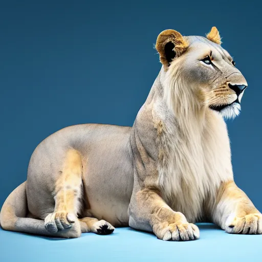 Prompt: studio photograph of a light blue lioness with wings sitting in a white room