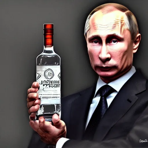 Image similar to vladimir putin wearing a dress and holding a bottle of arak, cinematic, beautiful digital painting, hyper detailed