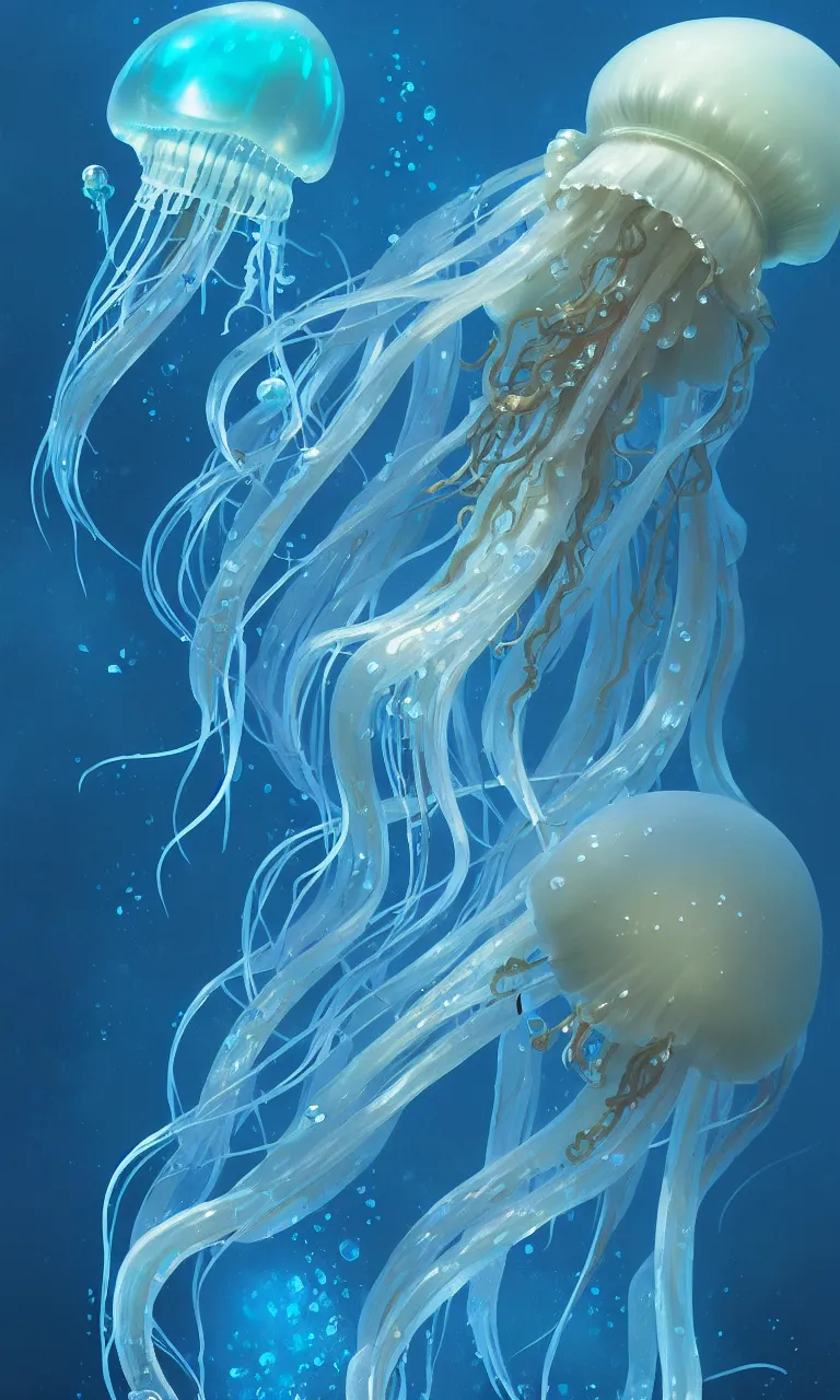 Image similar to detailed jellyfish, blue tones, underwater, full frame, highly detailed, digital painting, artstation, concept art, smooth, sharp focus, illustration, art greg rutkowski and alphonse mucha