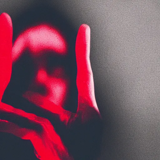 Prompt: Scary scene of a person coming out of pitch black shadows with hand and eyes illuminated by red light grasping toward the camera, horror, thriller, high contrast, 4k,