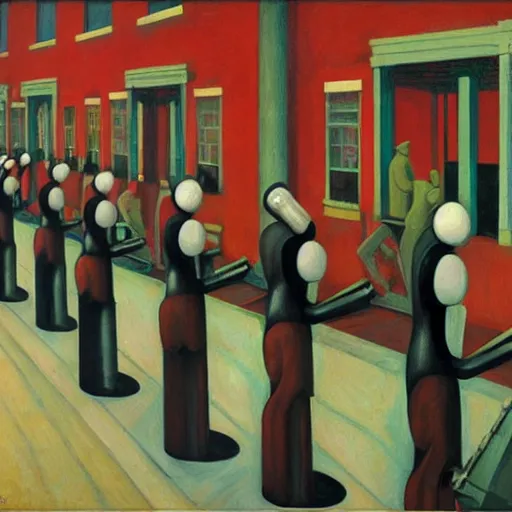 Image similar to robots queue up for daily inspection, grant wood, pj crook, edward hopper, oil on canvas