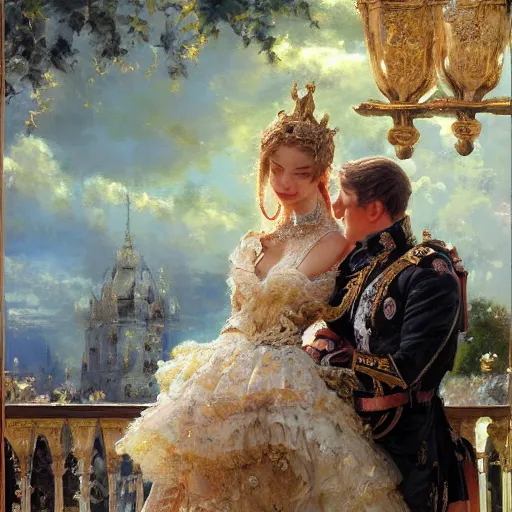 Prompt: detailed painting of prince william marrying attractive gigi hadid, highly detailed painting by gaston bussiere, craig mullins, j. c. leyendecker 8 k, 4 k, smiling couple, royal painting, human face, watercolor