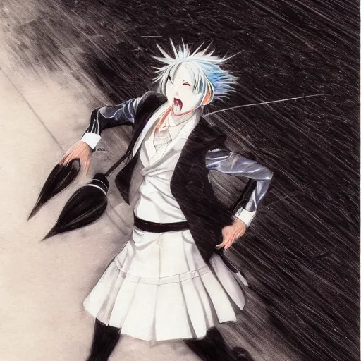 Image similar to Yoshitaka Amano realistic illustration of an anime girl with short white hair and black eyes wearing tuxedo, black and white battle background from Earthbound game, film grain effect, highly detailed, Renaissance oil painting