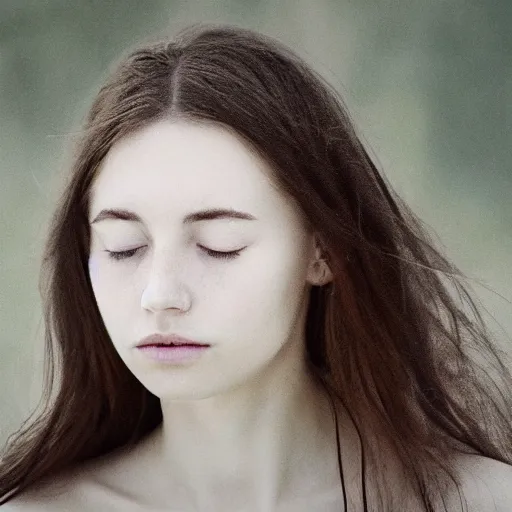 Image similar to photorealistic portrait of a beautiful young woman, very blurry, out of focus, translucent stone white skin, closed eyes, foggy, closeup