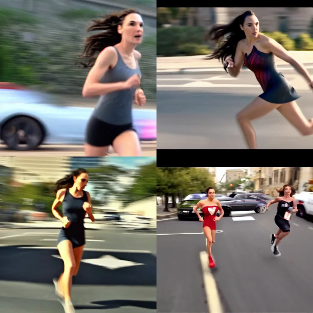 Prompt: dash cam screenshot of gal gadot running from the cops motion blur