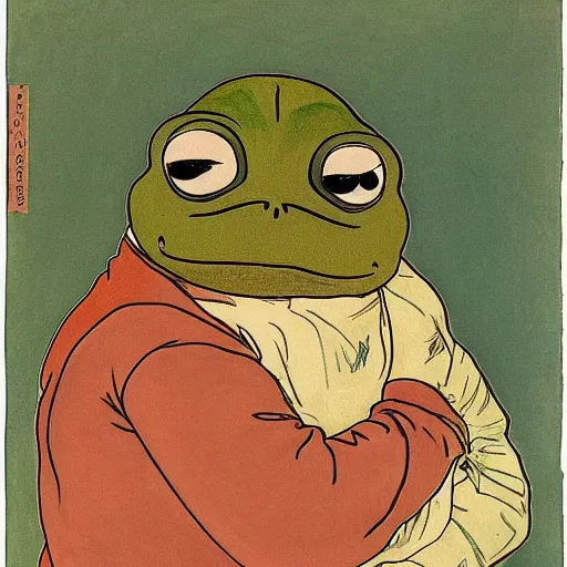 Image similar to pepe the frog groyper smug look, uncropped, painted by carl larsson and alphonse mucha