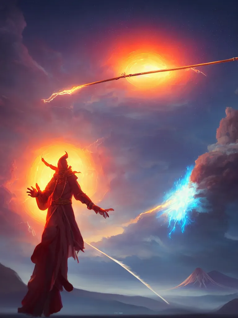 Prompt: levitating wizard wielding a spear opening a shining portal pulsating in the night sky, horizon of an erupting volcano, digital painting, cgsociety, artstation, highly detailed, cinematic lighting