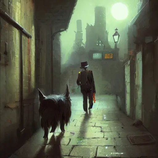 Image similar to detective yorkshire terrier wearing a fedora, in a dark alley, Greg Rutkowski, art station