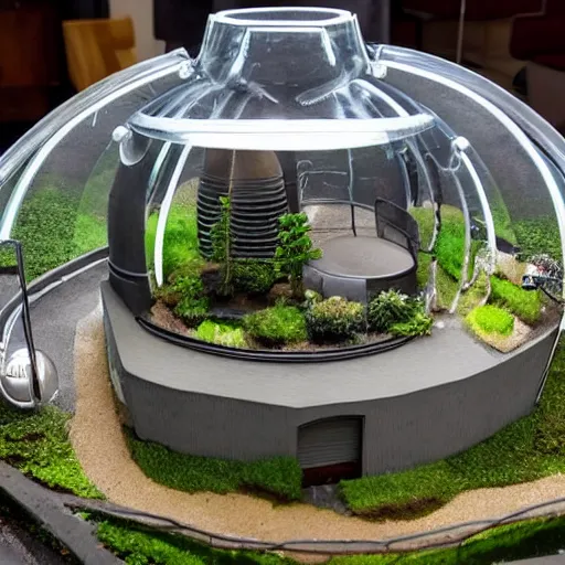 Image similar to a large terrarium with a realistic diorama of a reactor building and cooling tower inside on top of a minimalist table, lit from the side